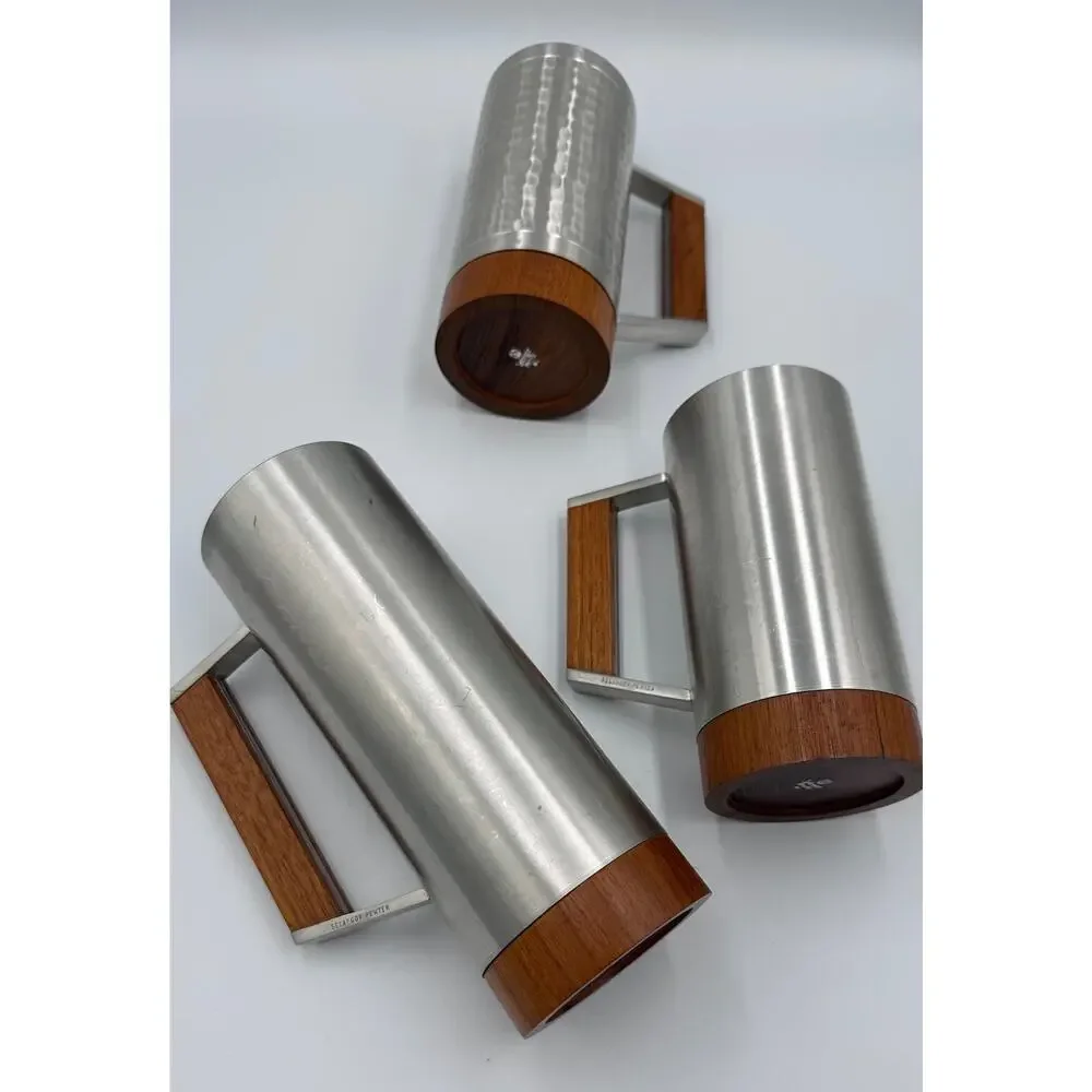 Danish Modern tiki Era Royal Selangor Pewter & Teak Mug Tankard Steins Set
